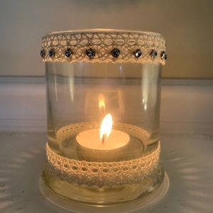 Hand Decorated Cream Lace Glass Candle Holder